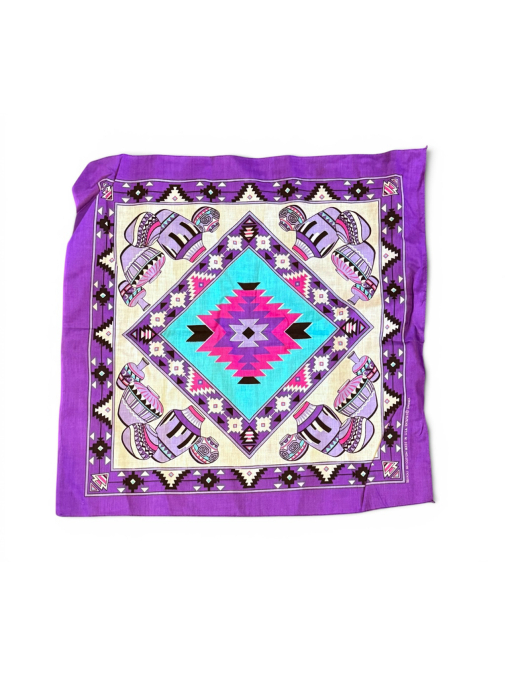 Vintage 80s Springs Southwestern Pottery Bandana Purple USA RN16463 21x21